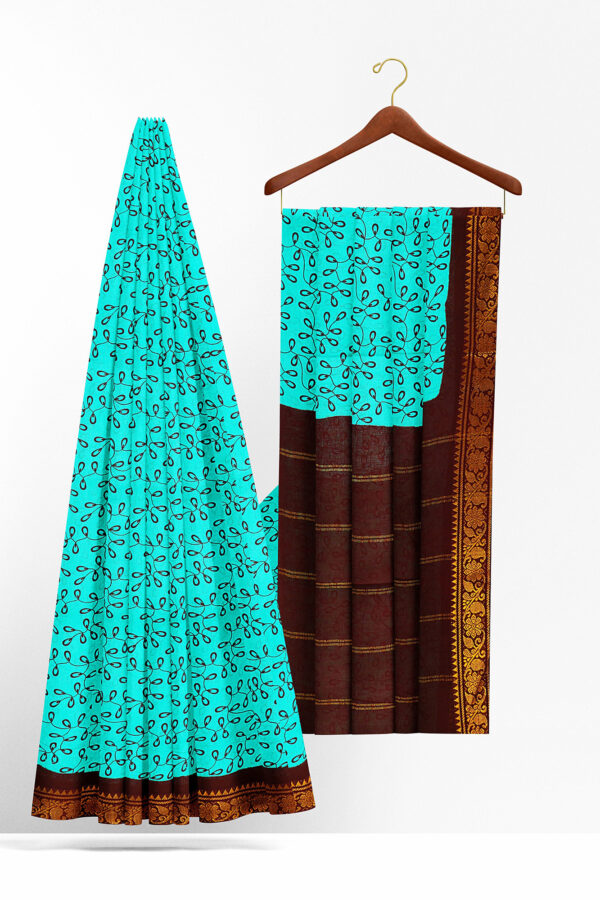 sri kumaran stores madurai cotton turquoise blue saree with brown border 2
