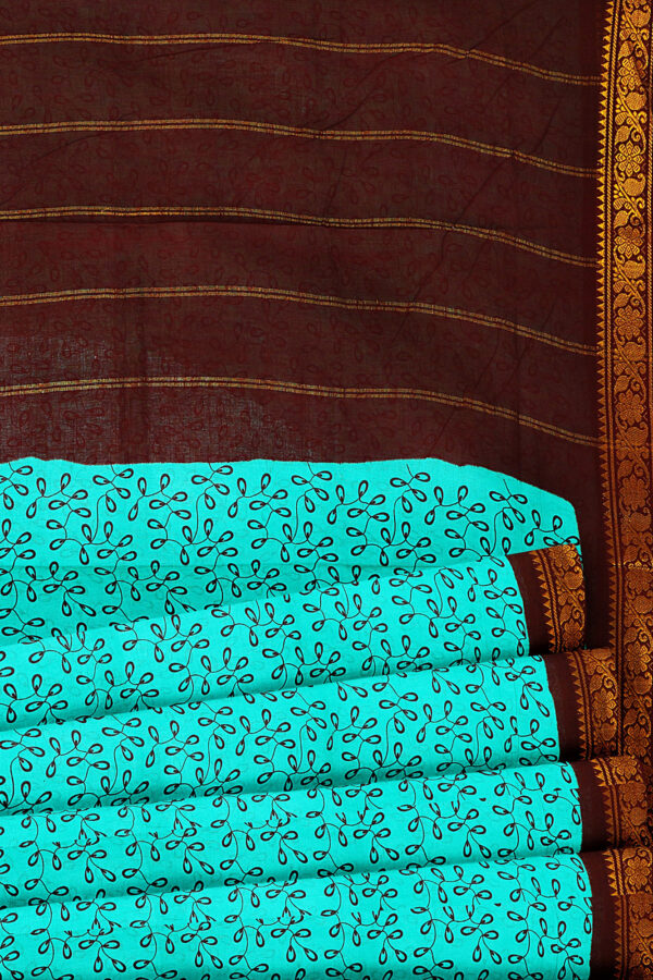 sri kumaran stores madurai cotton turquoise blue saree with brown border 4