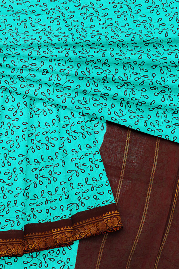 sri kumaran stores madurai cotton turquoise blue saree with brown border 5