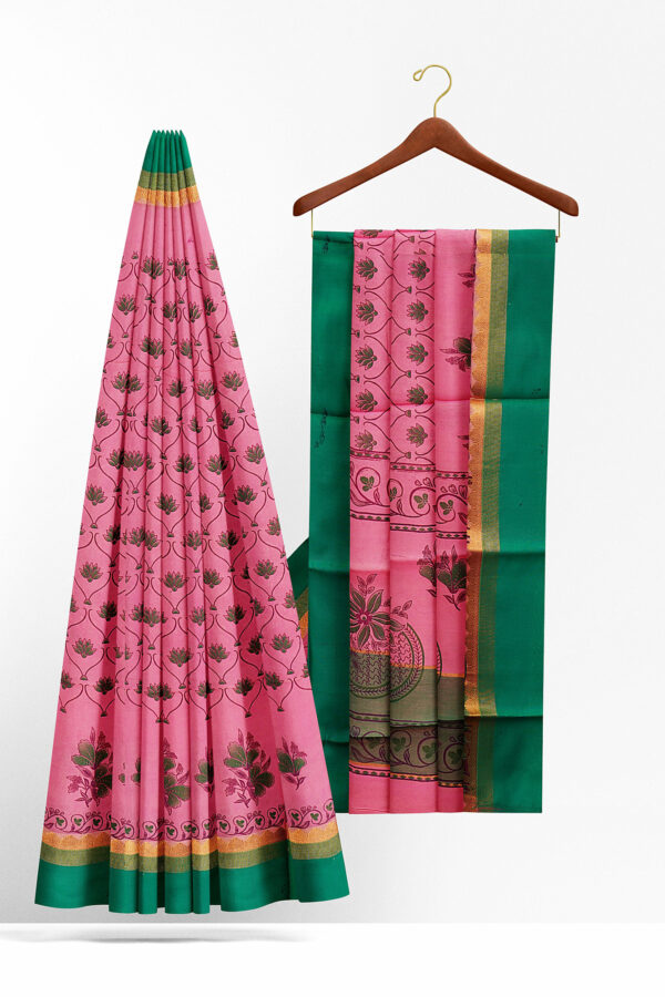 sri kumaran stores semi silk cotton baby pink saree with golden green border 2