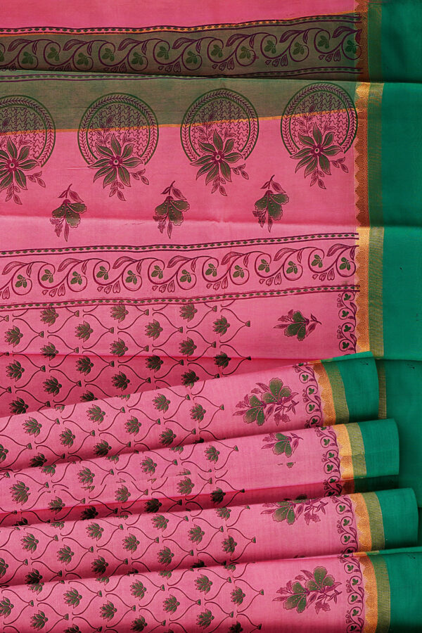 sri kumaran stores semi silk cotton baby pink saree with golden green border 4