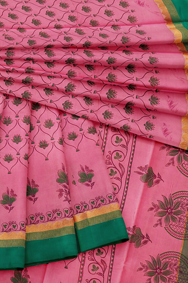 sri kumaran stores semi silk cotton baby pink saree with golden green border 5