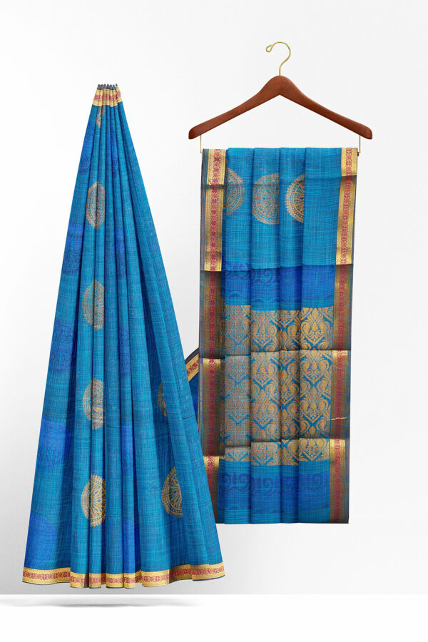 sri kumaran stores semi silk cotton blue saree with golden colour border 2