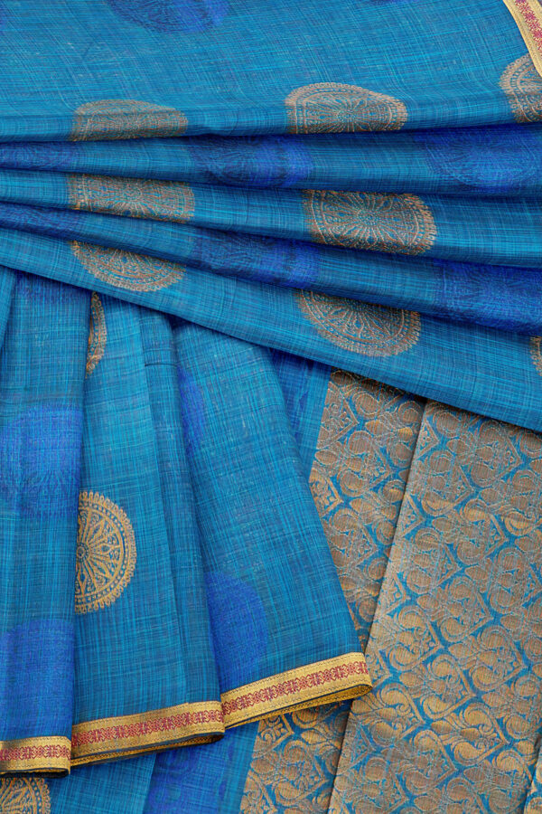 sri kumaran stores semi silk cotton blue saree with golden colour border 5