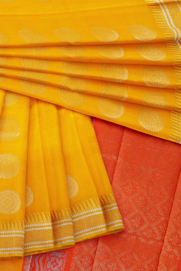 sri kumaran stores semi silk cotton bright yellow saree with golden border 5