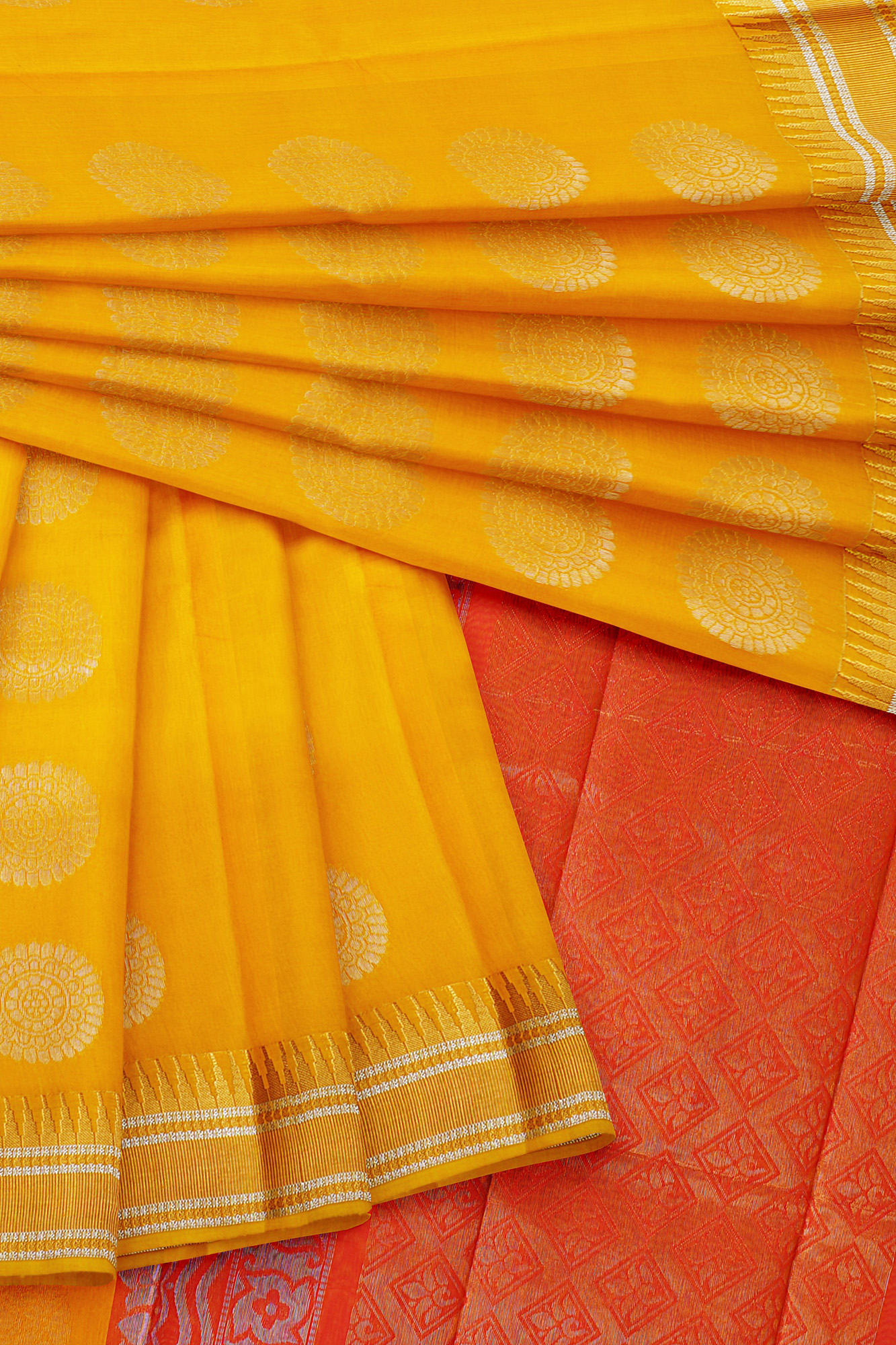 sri kumaran stores semi silk cotton bright yellow saree with golden border 5