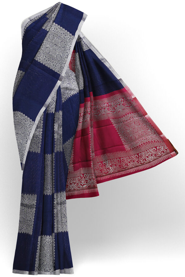 sri kumaran stores semi silk cotton dark blue saree with silver border 1
