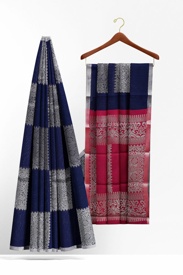 sri kumaran stores semi silk cotton dark blue saree with silver border 2