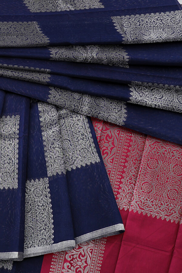 sri kumaran stores semi silk cotton dark blue saree with silver border 5