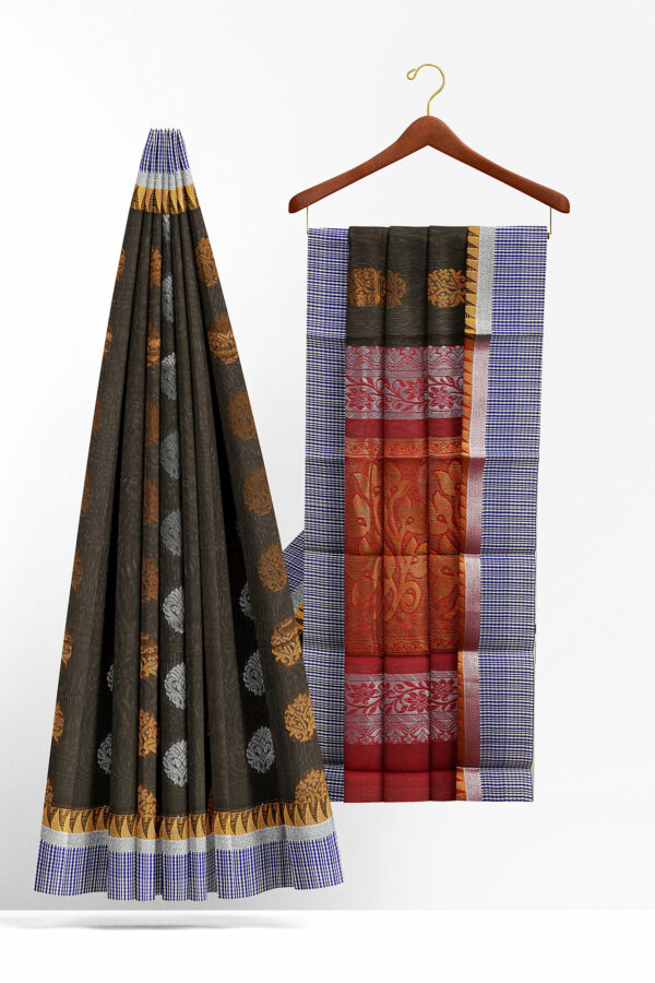 sri kumaran stores semi silk cotton dark green saree with blue border 2