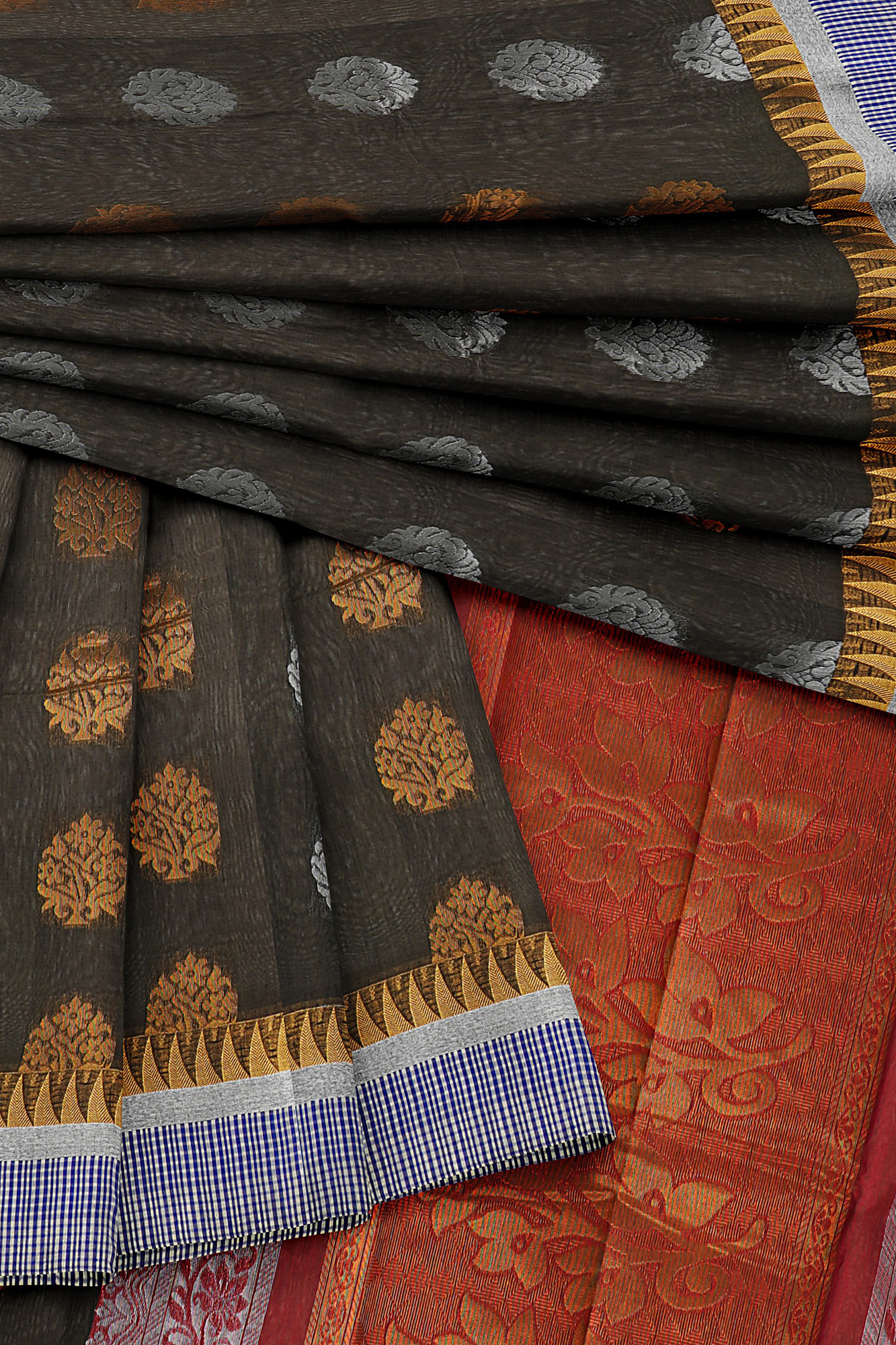 sri kumaran stores semi silk cotton dark green saree with blue border 5