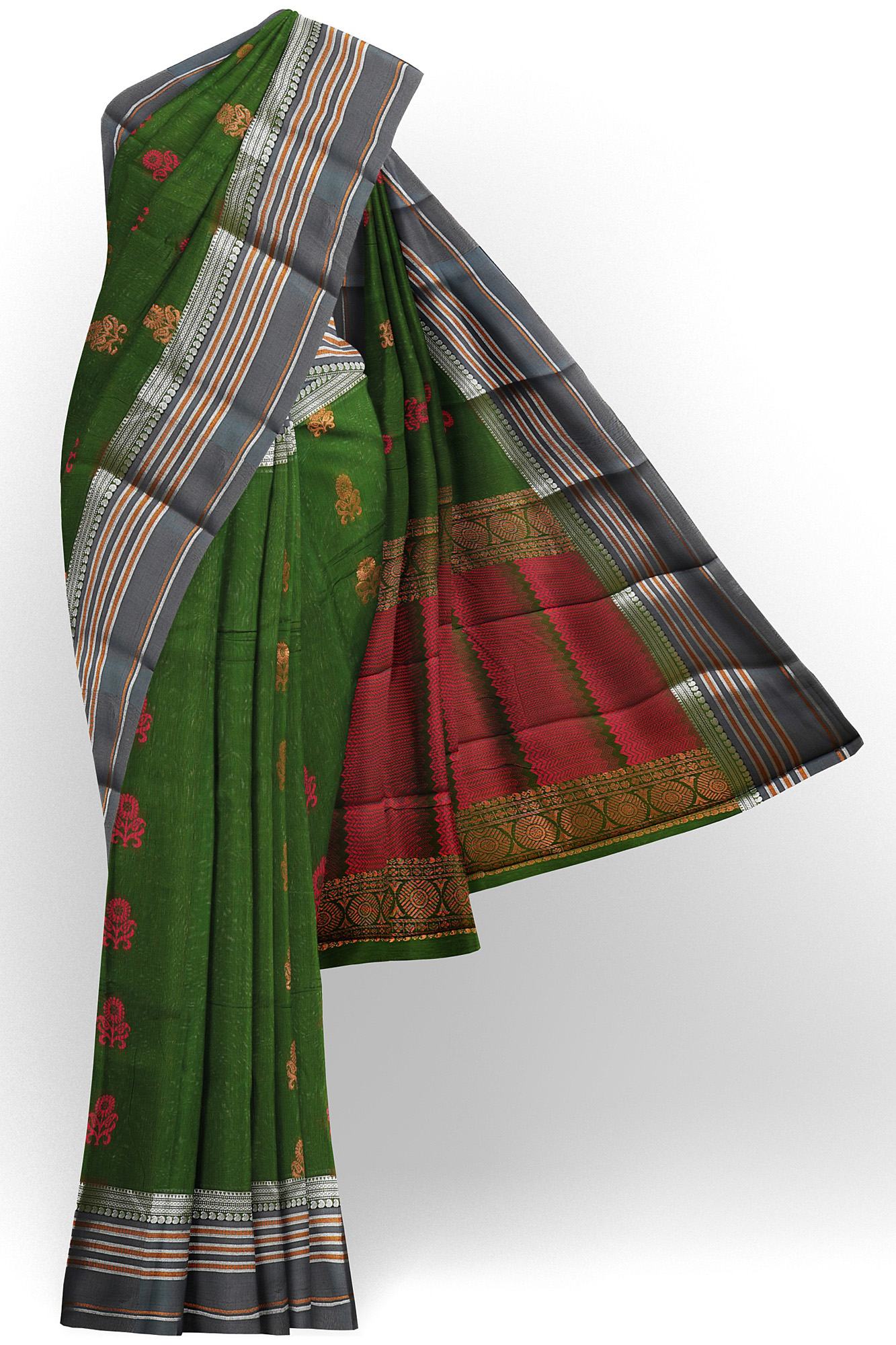 sri kumaran stores semi silk cotton dark green saree with silver grey border 1