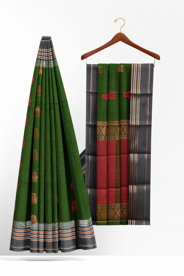 sri kumaran stores semi silk cotton dark green saree with silver grey border 2