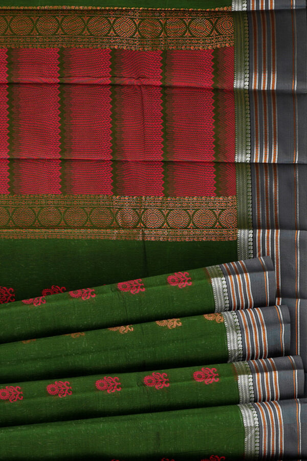 sri kumaran stores semi silk cotton dark green saree with silver grey border 4