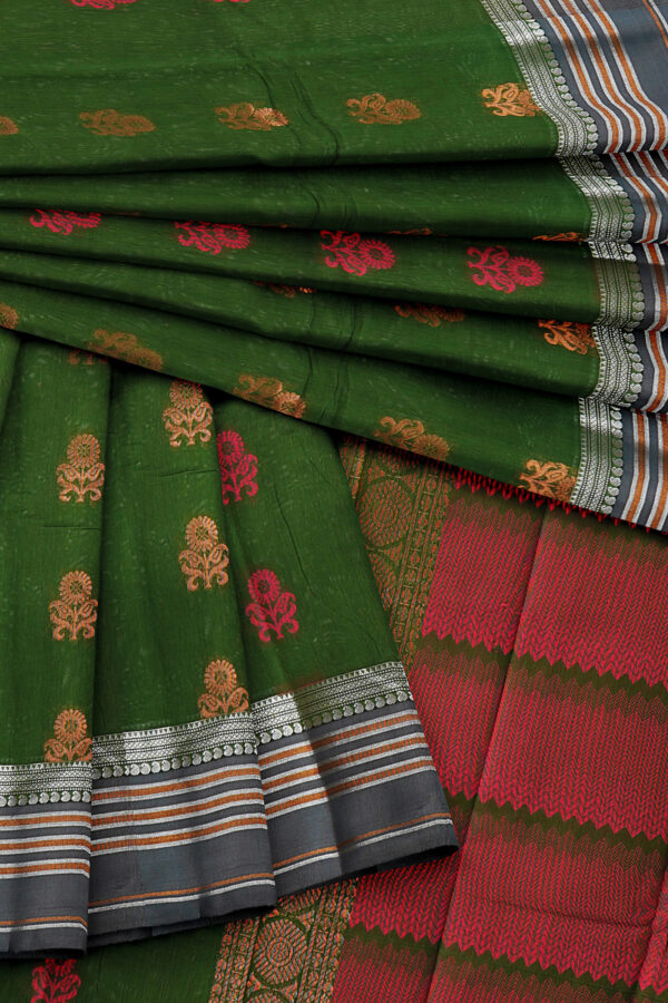 sri kumaran stores semi silk cotton dark green saree with silver grey border 5