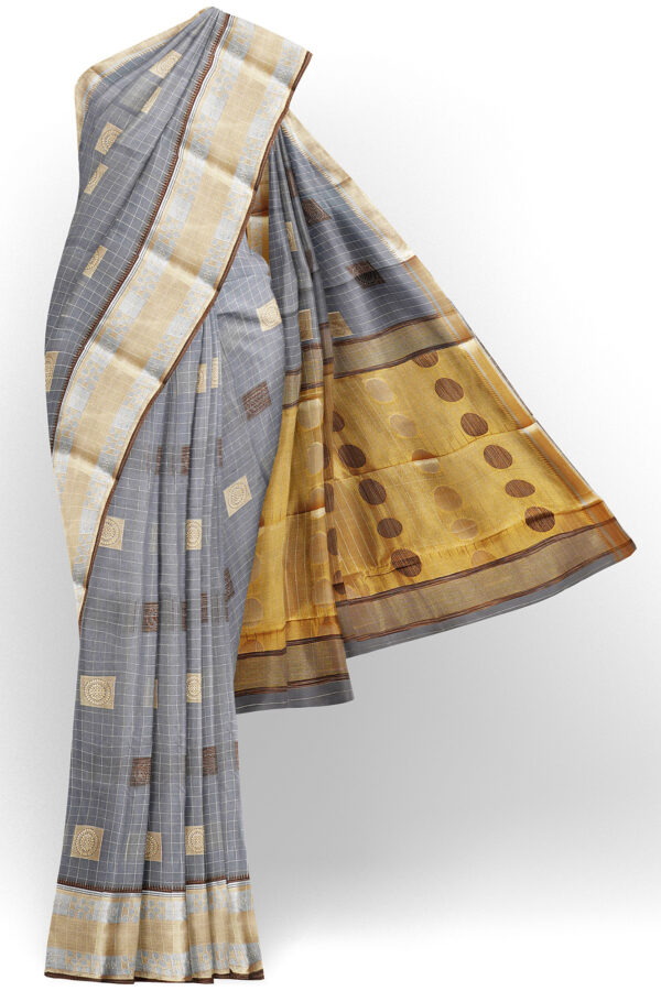 sri kumaran stores semi silk cotton grey saree with golden border 1