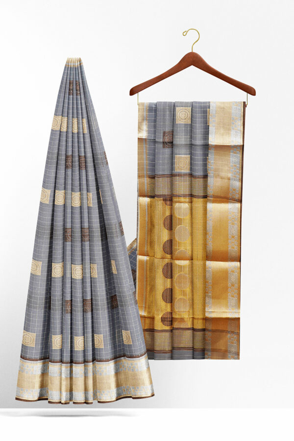 sri kumaran stores semi silk cotton grey saree with golden border 2