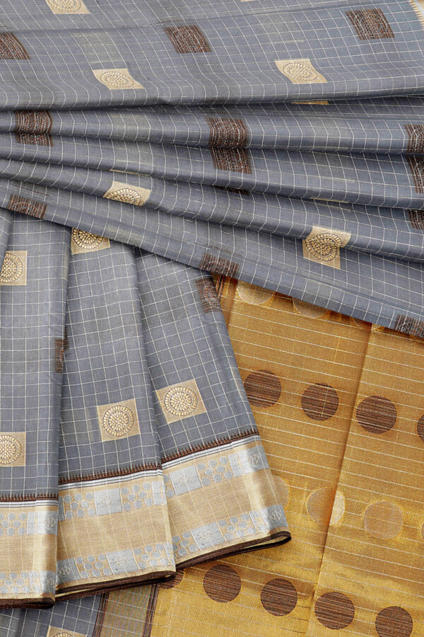 sri kumaran stores semi silk cotton grey saree with golden border 5