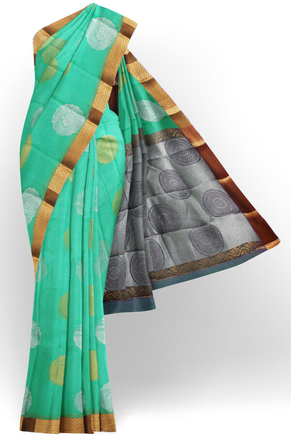 sri kumaran stores semi silk cotton mint green saree with golden colour border 1