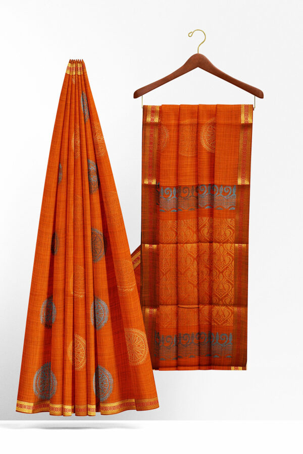 sri kumaran stores semi silk cotton orange saree with golden border 2