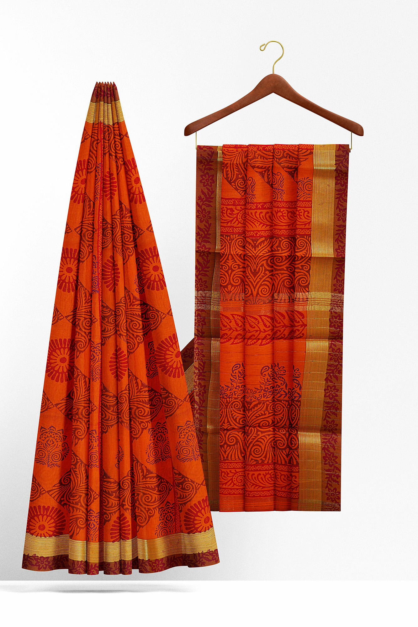 sri kumaran stores semi silk cotton orange saree with golden brown border 2