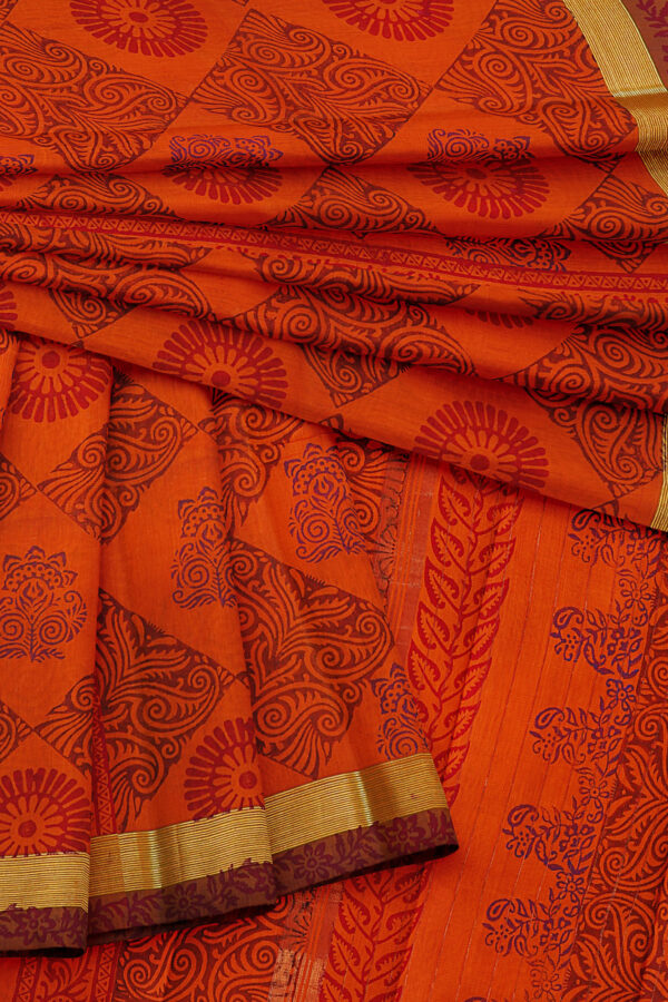 sri kumaran stores semi silk cotton orange saree with golden brown border 5