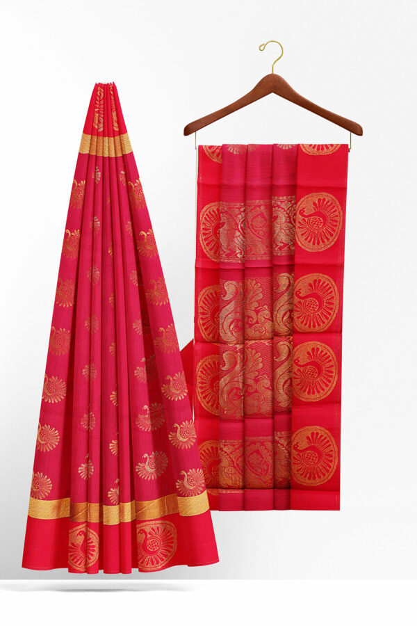 sri kumaran stores semi silk cotton pink saree with golden red border 2