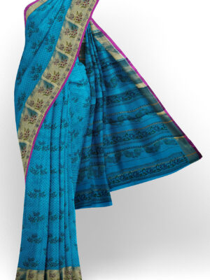 sri kumaran stores semi silk cotton printed blue saree with golden border 1
