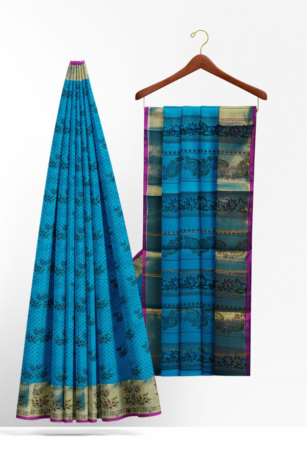 sri kumaran stores semi silk cotton printed blue saree with golden border 2
