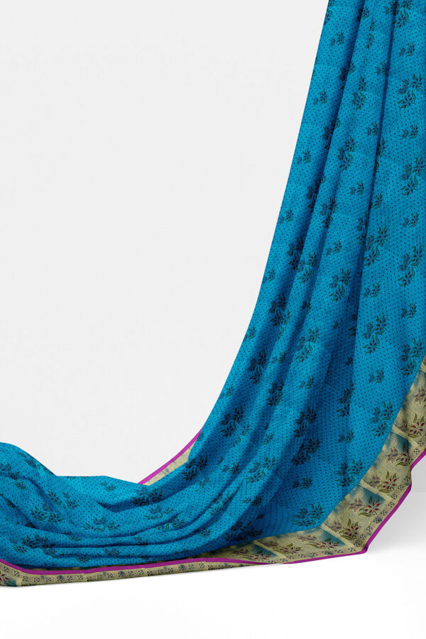 sri kumaran stores semi silk cotton printed blue saree with golden border 3