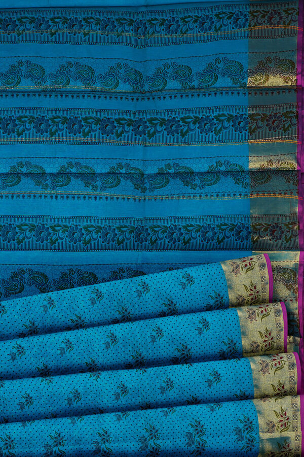 sri kumaran stores semi silk cotton printed blue saree with golden border 4