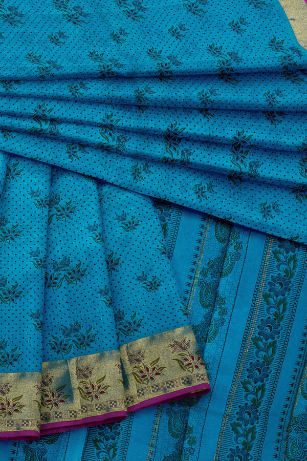 sri kumaran stores semi silk cotton printed blue saree with golden border 5