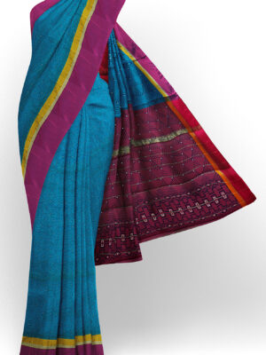 sri kumaran stores semi silk cotton printed blue saree with purple border 1