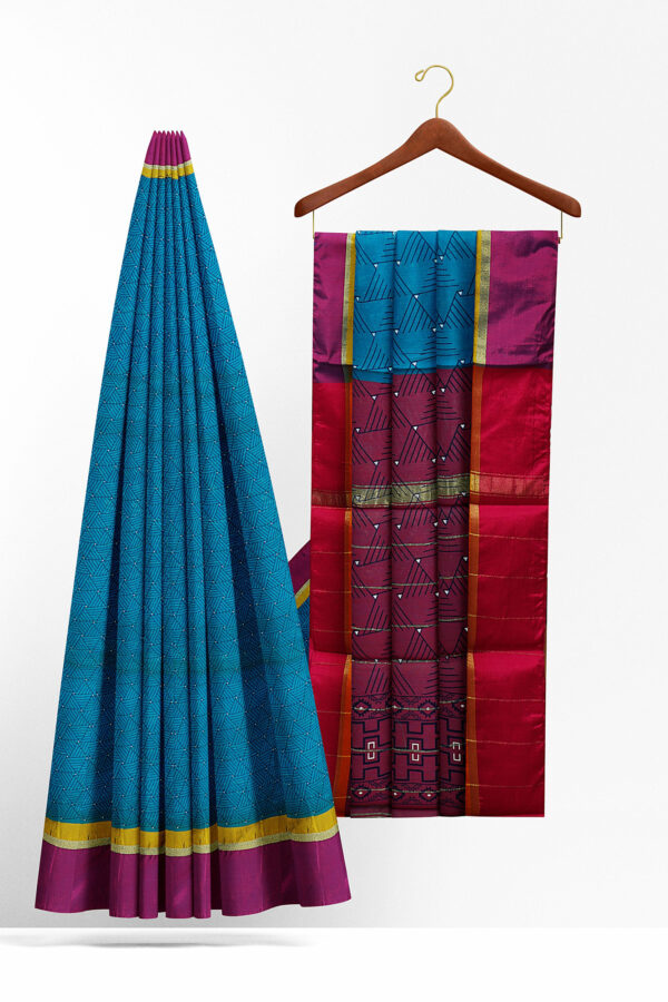 sri kumaran stores semi silk cotton printed blue saree with purple border 2
