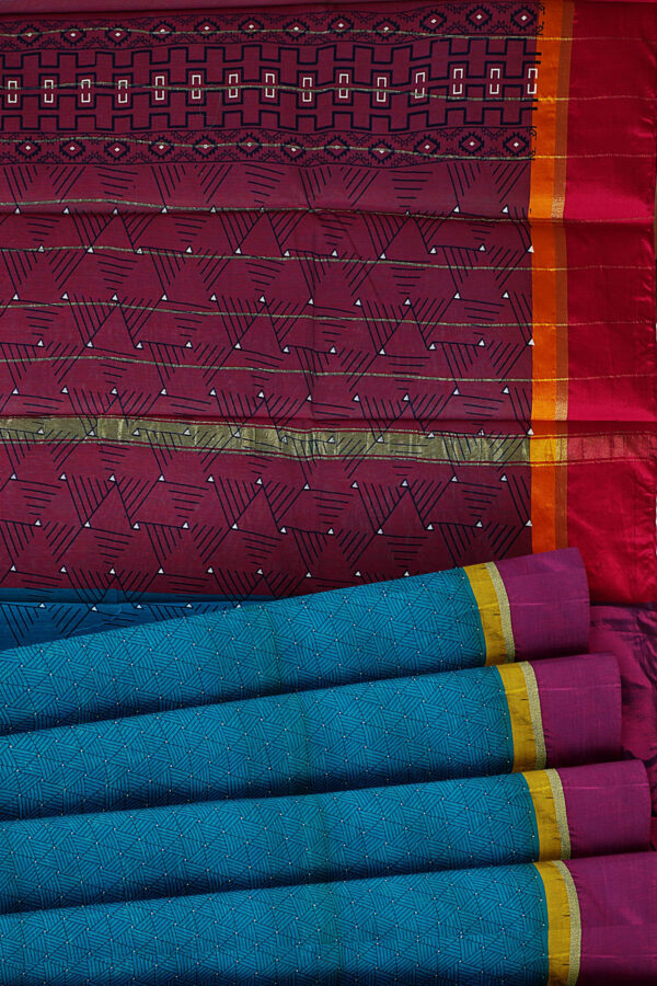 sri kumaran stores semi silk cotton printed blue saree with purple border 4
