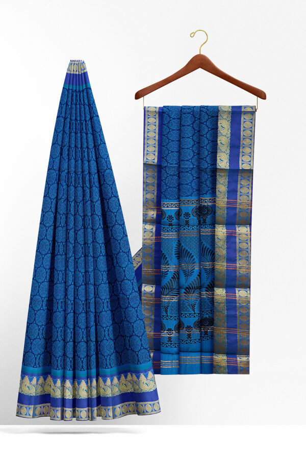 sri kumaran stores semi silk cotton printed dark blue saree with golden border 2