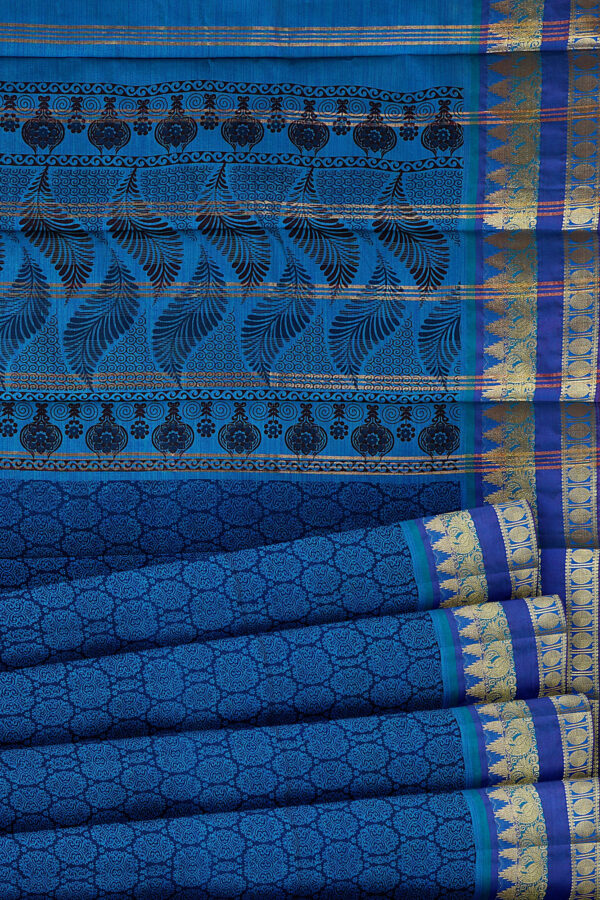 sri kumaran stores semi silk cotton printed dark blue saree with golden border 4
