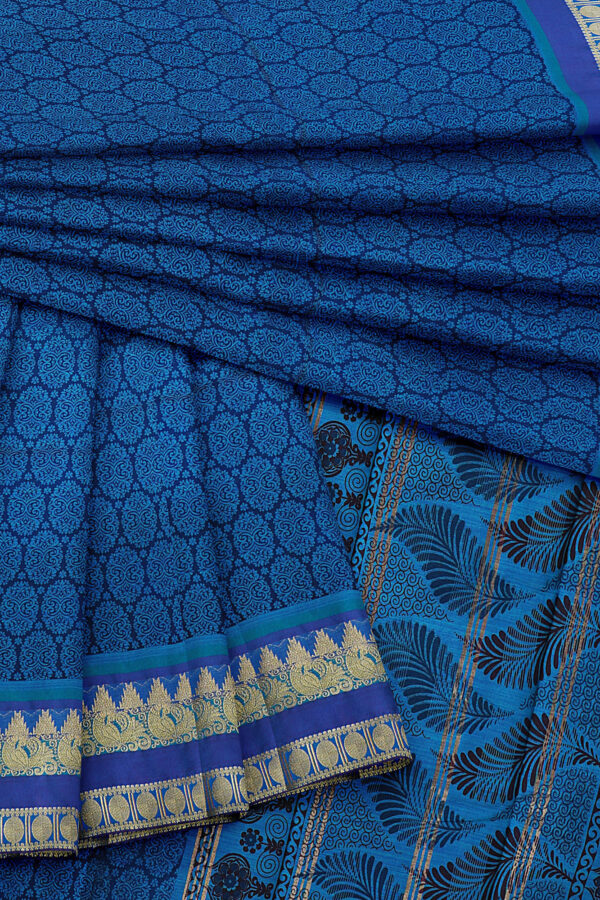sri kumaran stores semi silk cotton printed dark blue saree with golden border 5