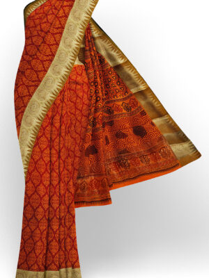 sri kumaran stores semi silk cotton printed dark orange saree with golden green border 1