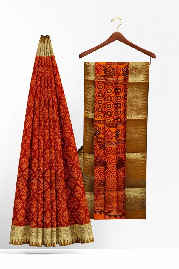 sri kumaran stores semi silk cotton printed dark orange saree with golden green border 2