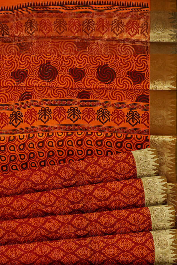 sri kumaran stores semi silk cotton printed dark orange saree with golden green border 4