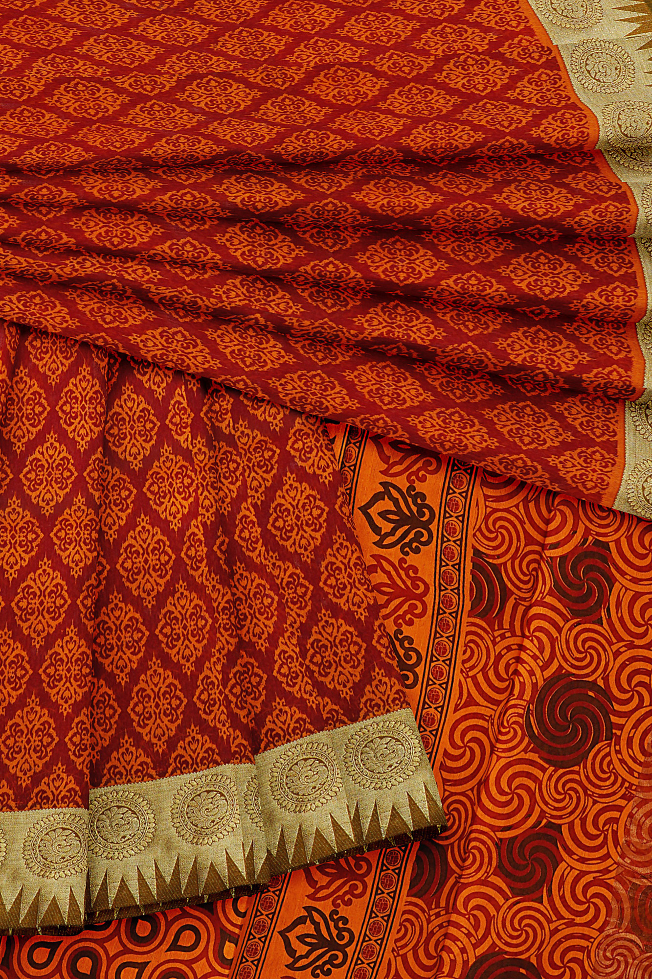 sri kumaran stores semi silk cotton printed dark orange saree with golden green border 5