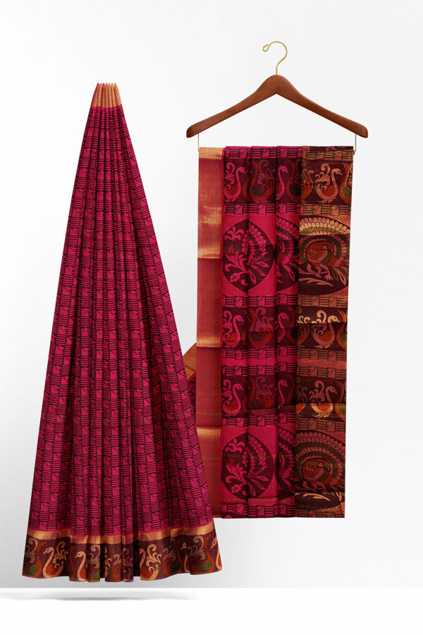 sri kumaran stores semi silk cotton printed dark purple saree with floral border 2