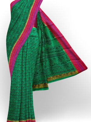 sri kumaran stores semi silk cotton printed green saree with pink red border 1