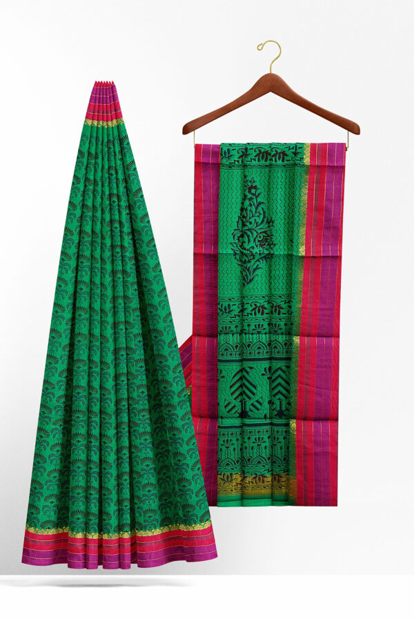 sri kumaran stores semi silk cotton printed green saree with pink red border 2