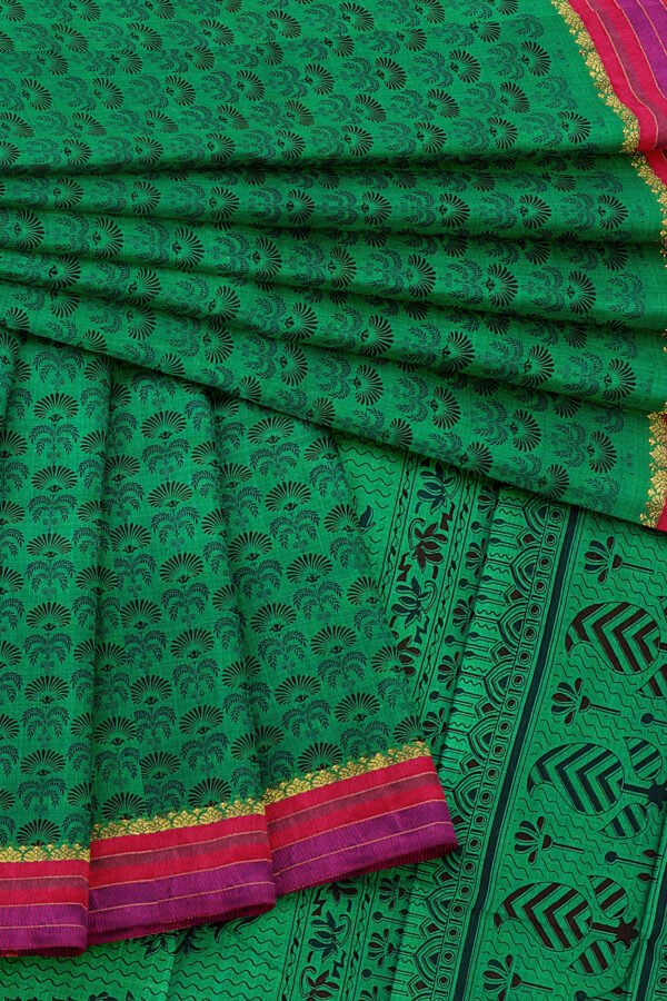 sri kumaran stores semi silk cotton printed green saree with pink red border 5