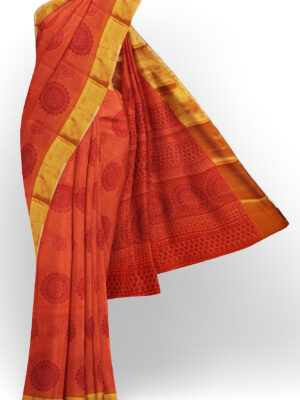 sri kumaran stores semi silk cotton printed orange saree with golden border 1