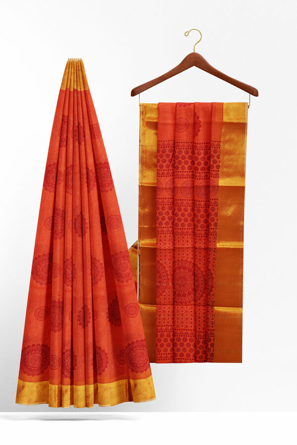 sri kumaran stores semi silk cotton printed orange saree with golden border 2