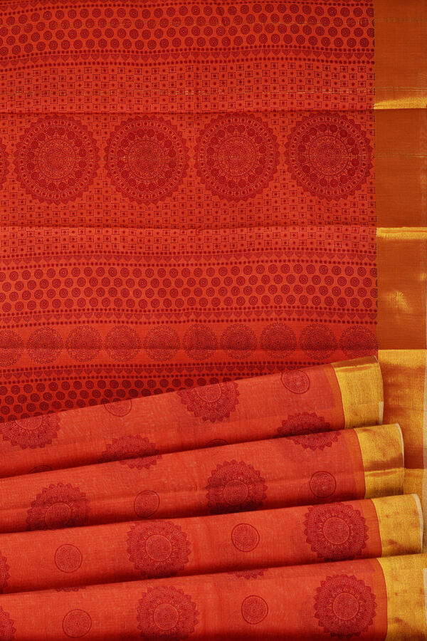 sri kumaran stores semi silk cotton printed orange saree with golden border 4