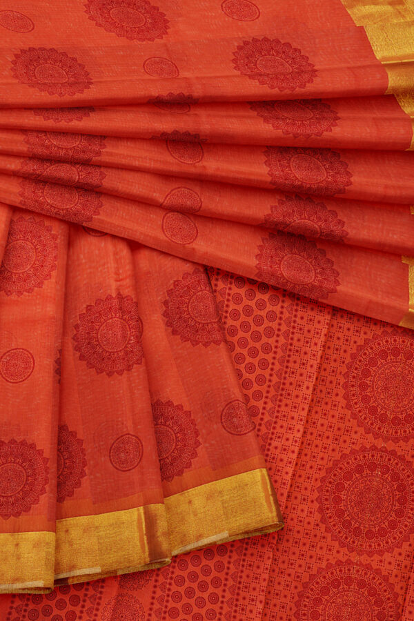 sri kumaran stores semi silk cotton printed orange saree with golden border 5